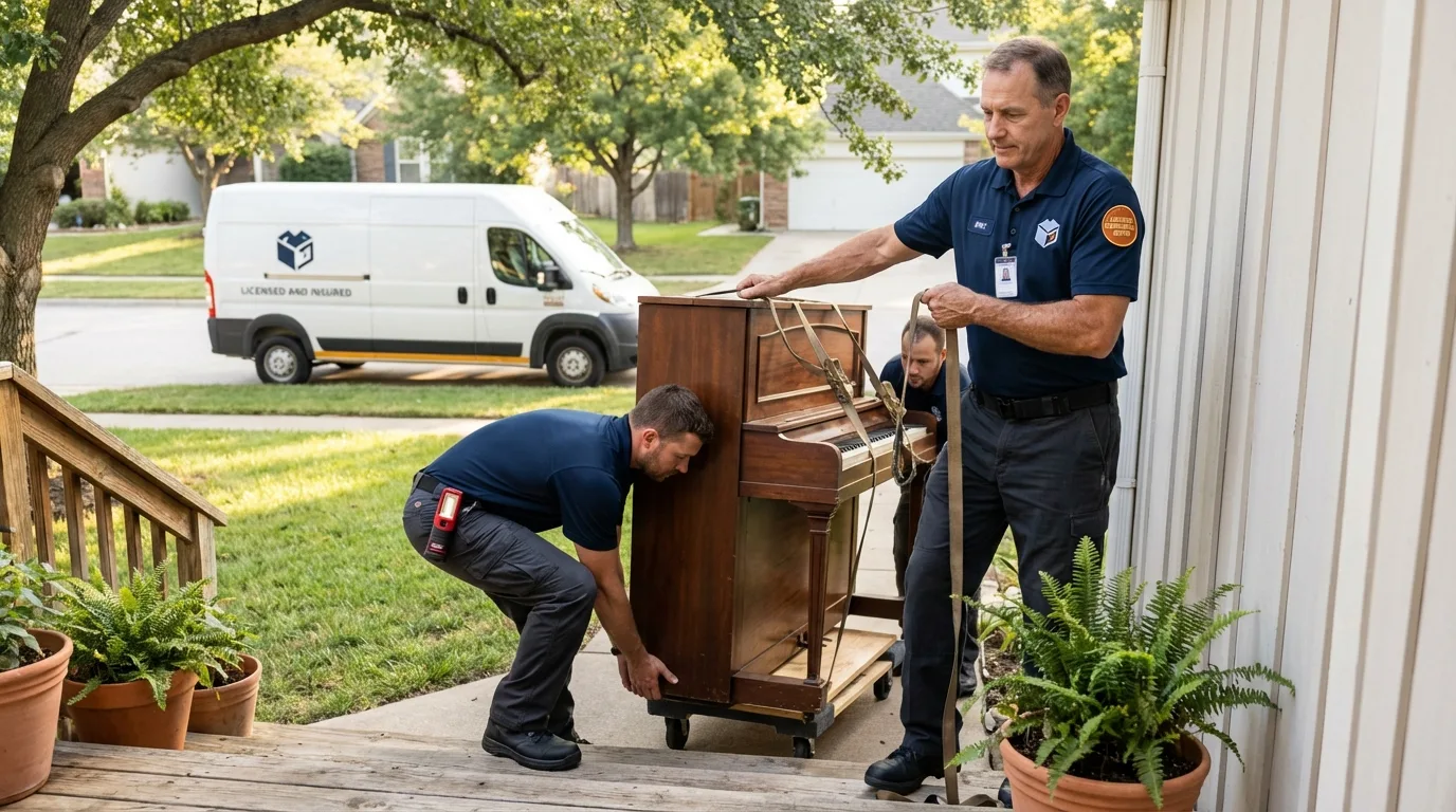 Licensed piano movers securing grand piano in King Cove, AK