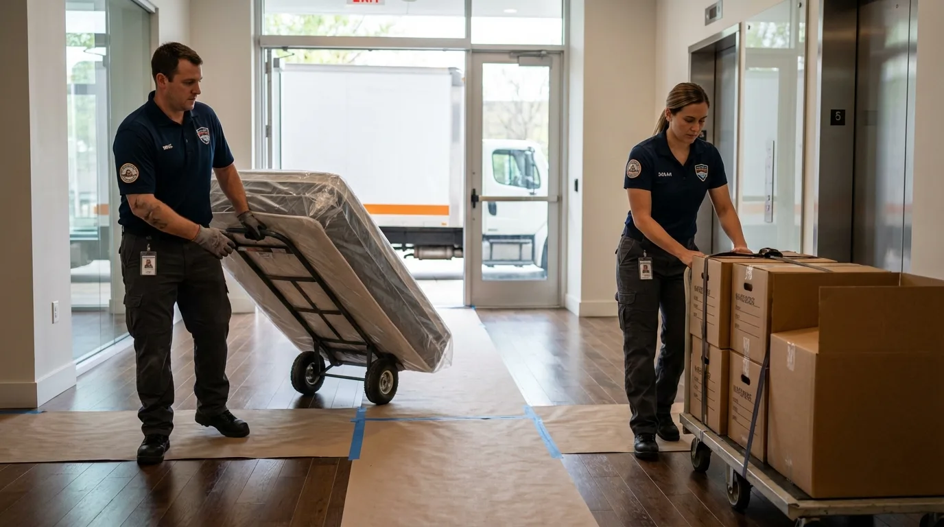 Professional apartment movers loading elevator in King Cove, AK
