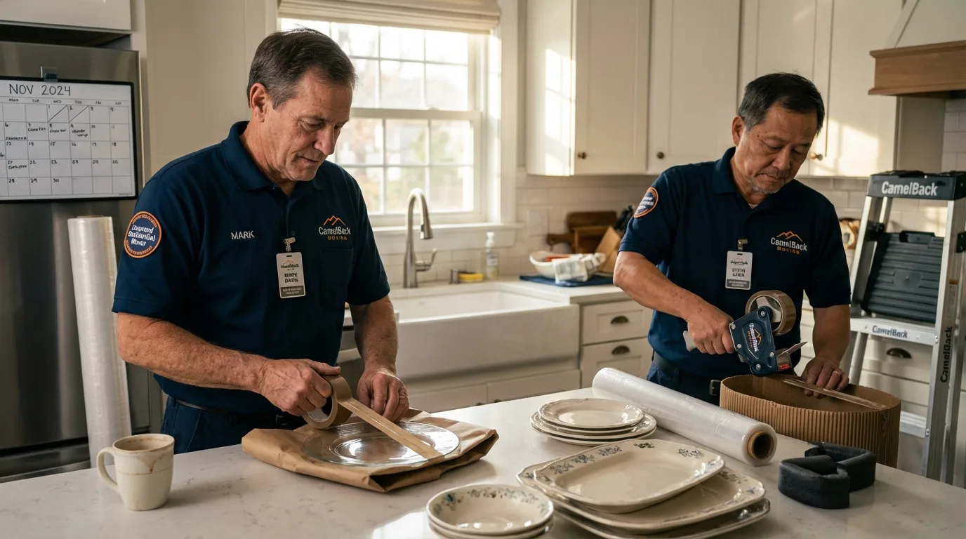 Professional crew packing kitchen dishware in King Cove, AK
